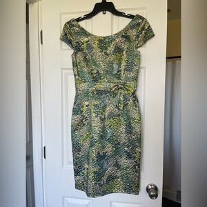 Badgley Mischka Mosaic Green and Blue Midi Dress with Metallic Shimmer